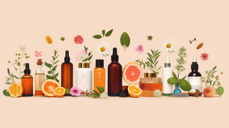 Aroma essential oil. Top view dropper bottle among colourful dried flowers, medicinal herbs variety. Natural cosmetic and skincare, herbal miscellany.の素材