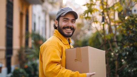 Delivery man in yellow uniform holding cardboard boxes with a friendly smile, ready for fast service.の素材