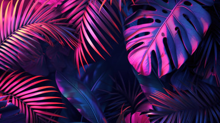 Creative fluorescent color layout made of tropical leaves. Flat lay neon colors. Nature concept.の素材