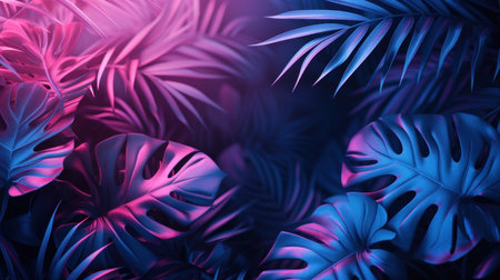 Creative fluorescent color layout made of tropical leaves. Flat lay neon colors. Nature concept.の素材