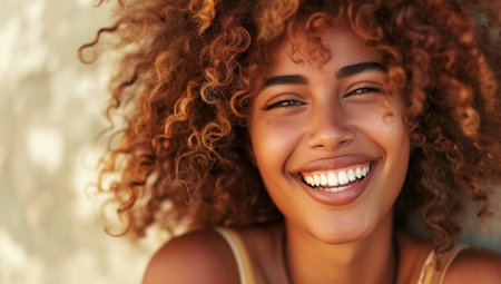 Happy laughing American African woman with her curly hair. Laughing curly woman in sweater touching her hair and looking at the camera.の素材