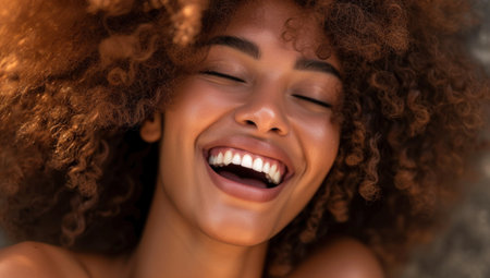Happy laughing American African woman with her curly hair. Laughing curly woman in sweater touching her hair and looking at the camera.の素材