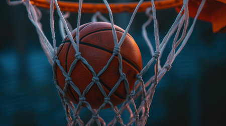 Basketball ball entered in the basket touching the net. Playing in the street on outdoor court, close up.の素材