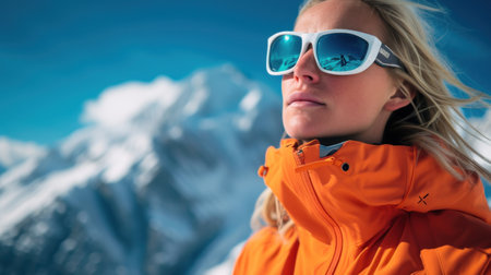 Young female in orange jacket and sunglasses. Outdoor portrait while she descending after a successful mountain top climbing.の素材