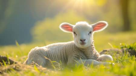 Close up of a newborn lamb in Springtime, laying down in lush green field and facing forward. Clean green background.の素材