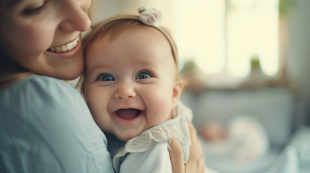 Happy family. Laughing mother lifting her adorable newborn baby.の素材