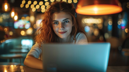 Attractive woman with using laptop while sitting inn cafeteria. In background bokeh effect.の素材