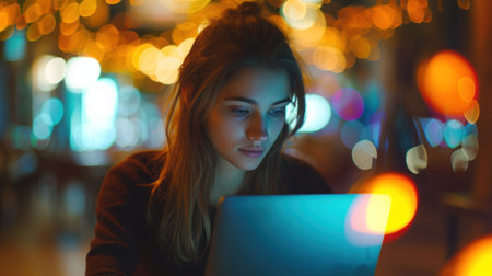 Attractive woman with using laptop while sitting inn cafeteria. In background bokeh effect.の素材