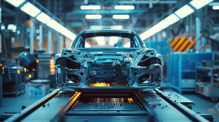 Movement of vehicles along the production line at the plant. Car Assembly shop. Car Assembly by parts.の素材