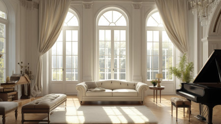 Luxury family room with high vaulted ceiling and large french window. Room has grand piano, and wooden coffee table.の素材