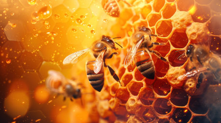 Honey bees store nectar on honeycombs. Wax, perga pollen and honey.の素材