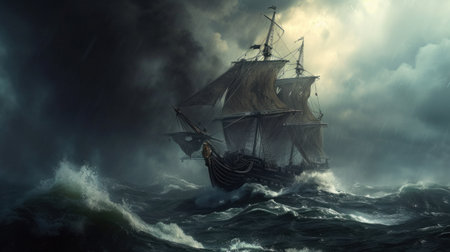 Sailing old ship in a storm sea in the background stormy clouds with lightning.の素材