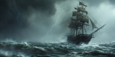 Sailing old ship in a storm sea in the background stormy clouds with lightning.の素材