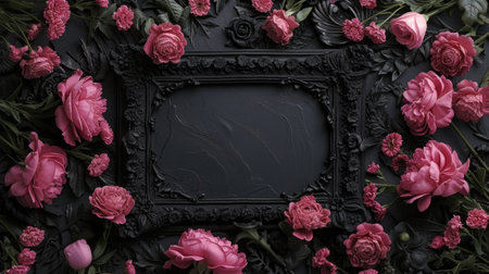 Pink roses flowers floral arrangement nature wedding or Valentines day backdrop with white frame on black background.の素材