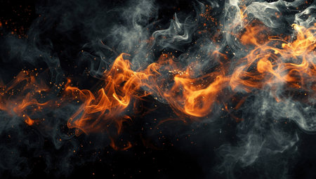 Fire embers particles over black background. Fire sparks background. Abstract dark glitter fire particles lights.の素材