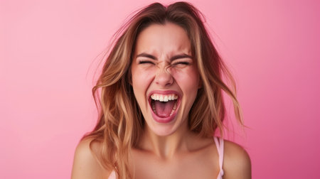 Portrait of young emotional positive happy beautiful woman with sincere emotions wearing casual isolated on pink background with empty space and shouting.の素材