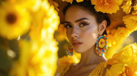 Beautiful young woman with beautiful earrings on Yellow flowers background. Natural beauty.の素材