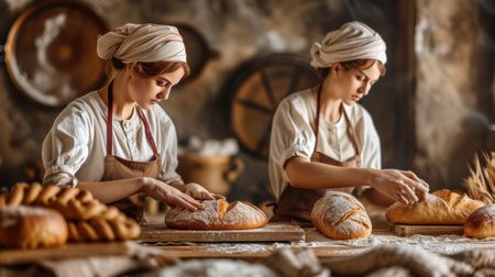 Happy females bakers in bakery wearing apron and holding baking tray with rolls. food, business, bakery and work.の素材