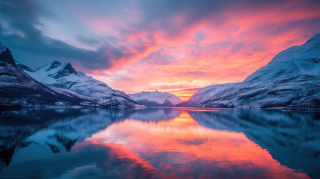 Fantastic evening panorama. Picturesque autumn sunset in alps. Beauty of nature concept background.の素材