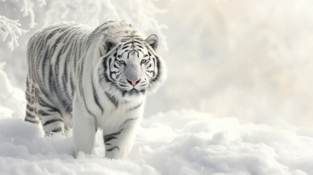 Tiger in wild winter nature, running in the snow. Action wildlife scene with dangerous animal. Cold winter snow Mountain.の素材