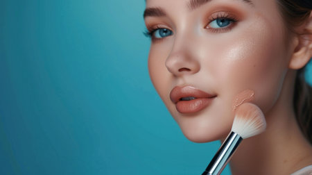 Closeup portrait of a woman applying dry cosmetic tonal foundation on the face using makeup brush.の素材