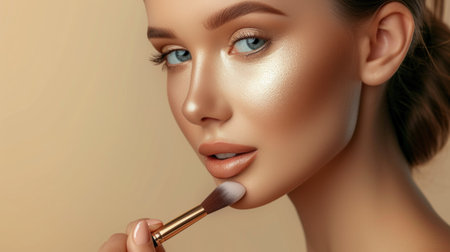Closeup portrait of a woman applying dry cosmetic tonal foundation on the face using makeup brush.の素材