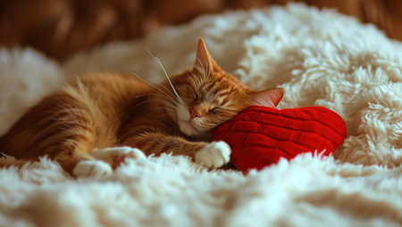 Red cat sleeps with red heart on bed at home.の素材
