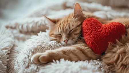 Red cat sleeps with red heart on bed at home.の素材