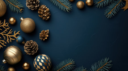 A festive composition with craft giftbox, elegant tree ornaments, golden bauble, star, mistletoe, hoarfrost-covered spruce, and confetti on a cheerful blue background.の素材