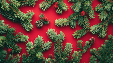 Christmas green fir tree branches on red background.の素材