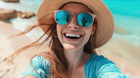 Happy girl taking selfie in summer beach vacation smiling of fun on tropical Caribbean holidays.の素材