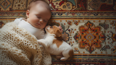 Newborn baby and dog puppy asleep on a carpet.の素材