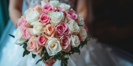 The bride in a white wedding dress holds a wedding bouquet. The bouquet consists of white, pink, purple roses, eucalyptus leaves, and pink berries.の素材