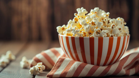 Salt popcorn on the wooden table, selective focus.の素材