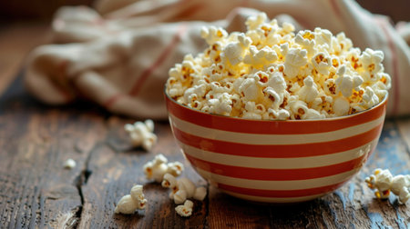 Salt popcorn on the wooden table, selective focus.の素材