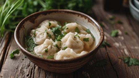 Homemade meat dumplings with onions and parsley- russian pelmeni in wooden bowl.の素材