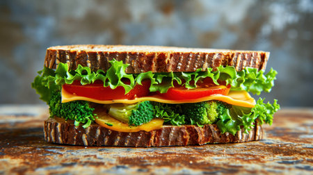 Sandwich with ham, cheese and fresh vegetables on a black background. Side view, horizontal.の素材