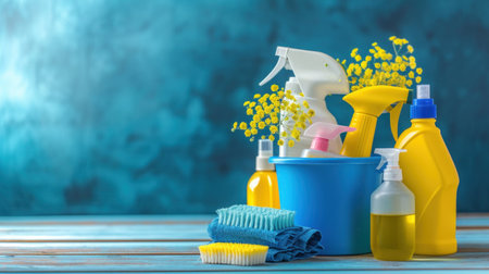 Various cleaning items and supplies in a bucket on the bathroom floor.の素材
