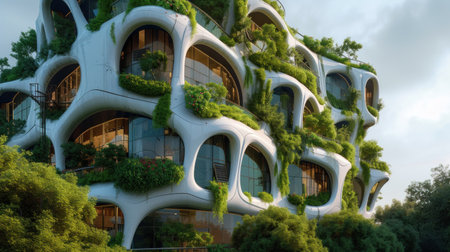Green skyscraper building with plants growing on the facade. Ecology and green living in city, urban environment concept. Park in the sky.の素材