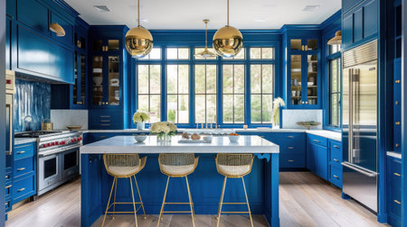 Luxurious white and blue kitchen with gold hardware, and white marbled granite counter tops.の素材
