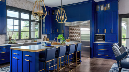 Luxurious white and blue kitchen with gold hardware, and white marbled granite counter tops.の素材