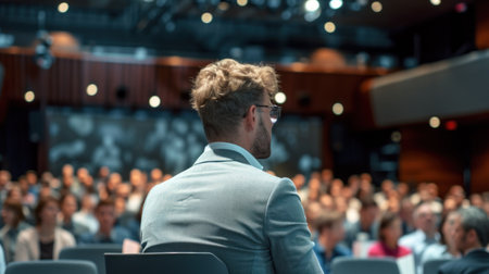 speaker conducts the business of the conference standing in front of a large audience on the stage in the conference room.の素材