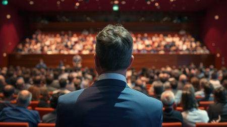 speaker conducts the business of the conference standing in front of a large audience on the stage in the conference room.の素材
