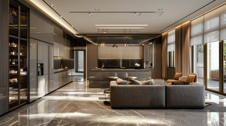 interior design spacious bright studio apartment in Scandinavian style and warm pastel white and beige colors. trendy furniture in the living area and modern details in the kitchen area.の素材