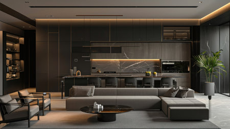 interior design spacious bright studio apartment in Scandinavian style and warm pastel white and beige colors. trendy furniture in the living area and modern details in the kitchen area.の素材