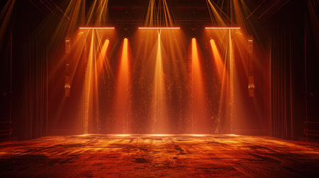 Wooden stage with blue smoke and spot lights. Presentation concept.の素材
