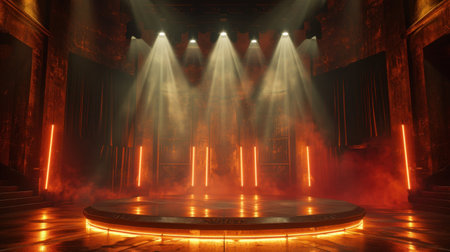 Wooden stage with blue smoke and spot lights. Presentation concept.の素材