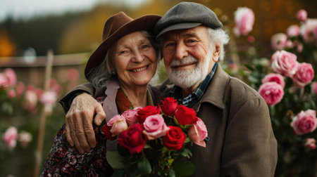 Happy elderly man giving bouquet of red roses to his wife in the park covered in snow. Valentines day.の素材