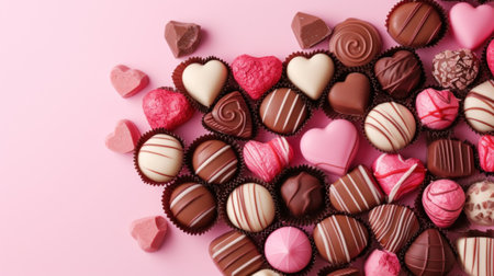 Beautiful Red Chocolate Hearts Candies on Pink Background St Valentine Day Background Dessert.の素材