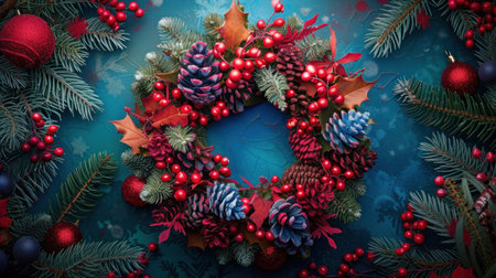 Vintage concept of a red berry holiday wreath on rustic wood.の素材